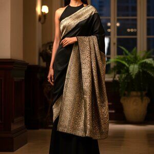 Original Aboelela 'Abu Farwa' Egyptian Woven Shawl Wrap - Black & Gold Faux Silk